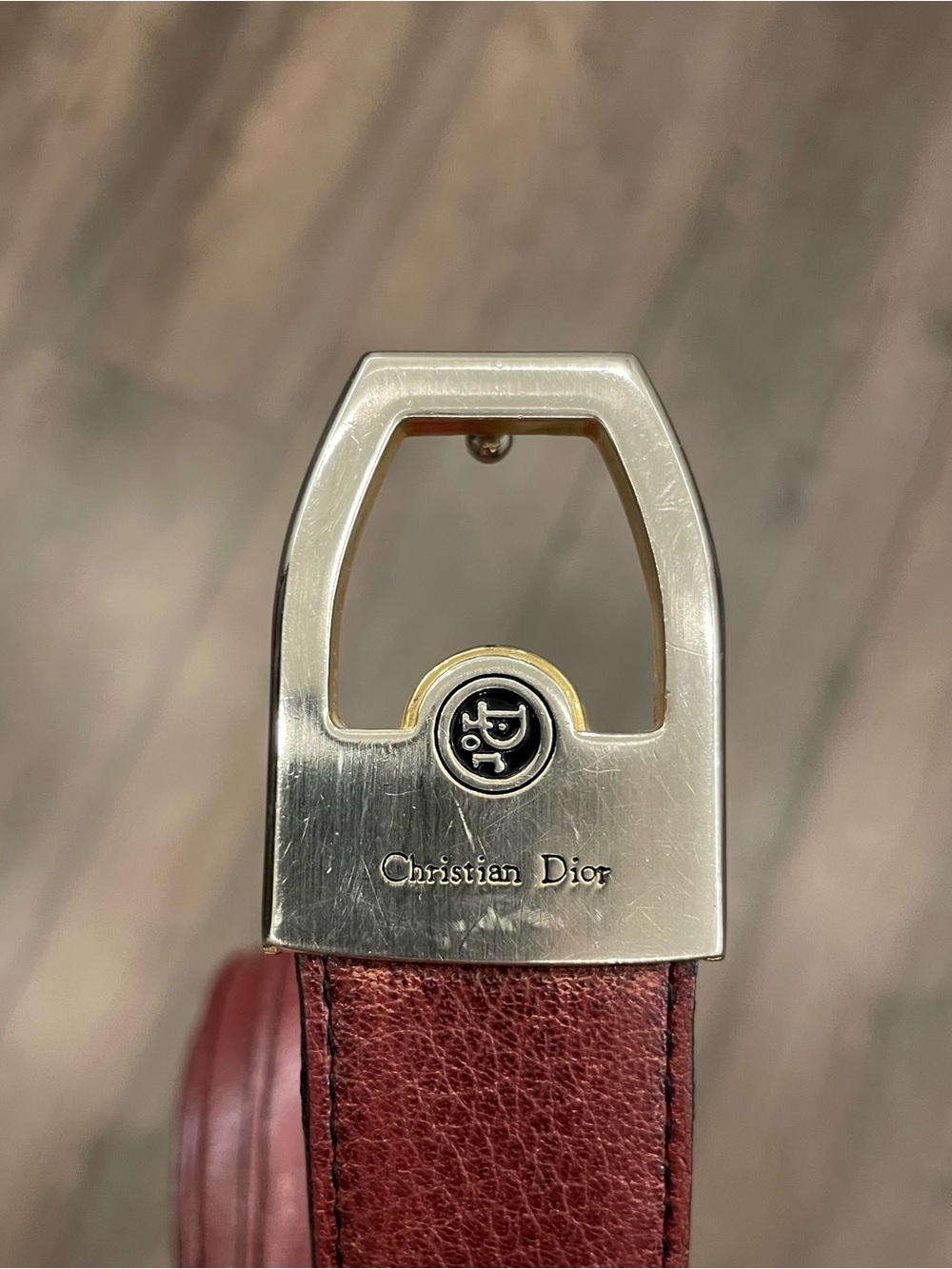 Dior Men's Red-Burgundy Leather Belt with Gold Hardware